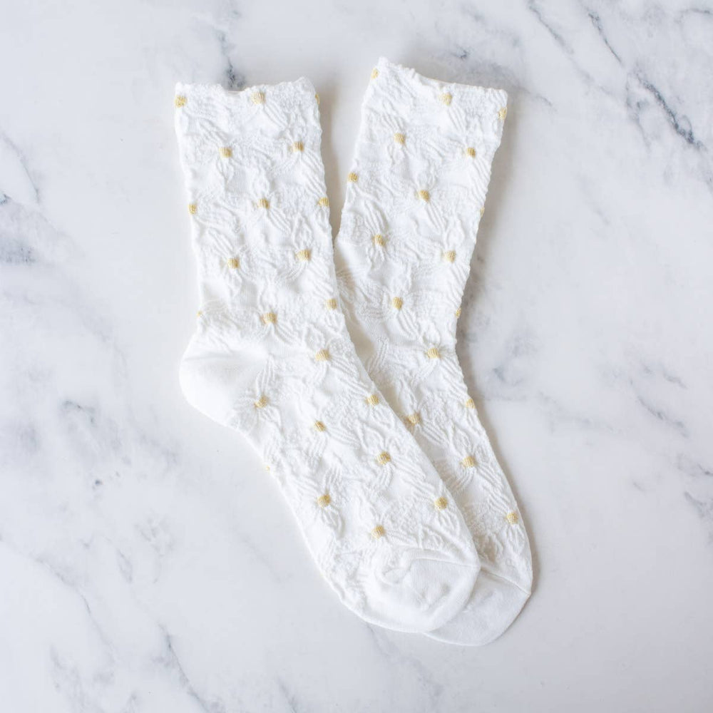 Embroidered Flower Socks - White