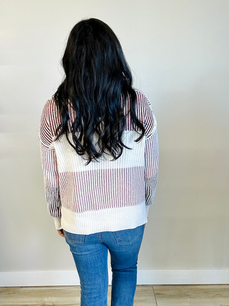 Billie striped color block sweater, back view, drop shoulder detail
