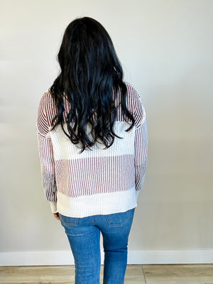 Billie striped color block sweater, back view, drop shoulder detail