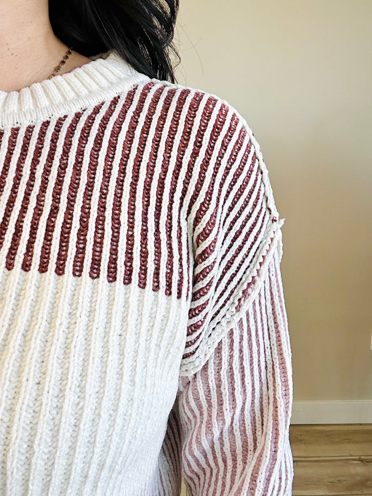 lose up detail of knit stitches and stripe transitions on Billie sweater