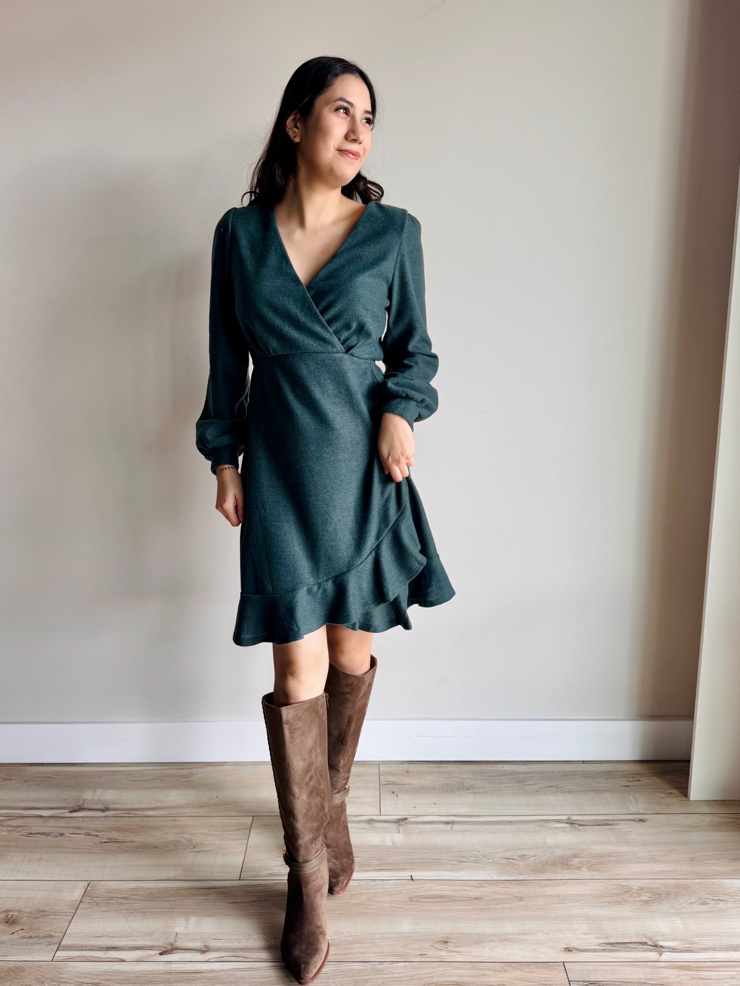 Front view of Bridget long sleeve surplice mini dress in neutral color