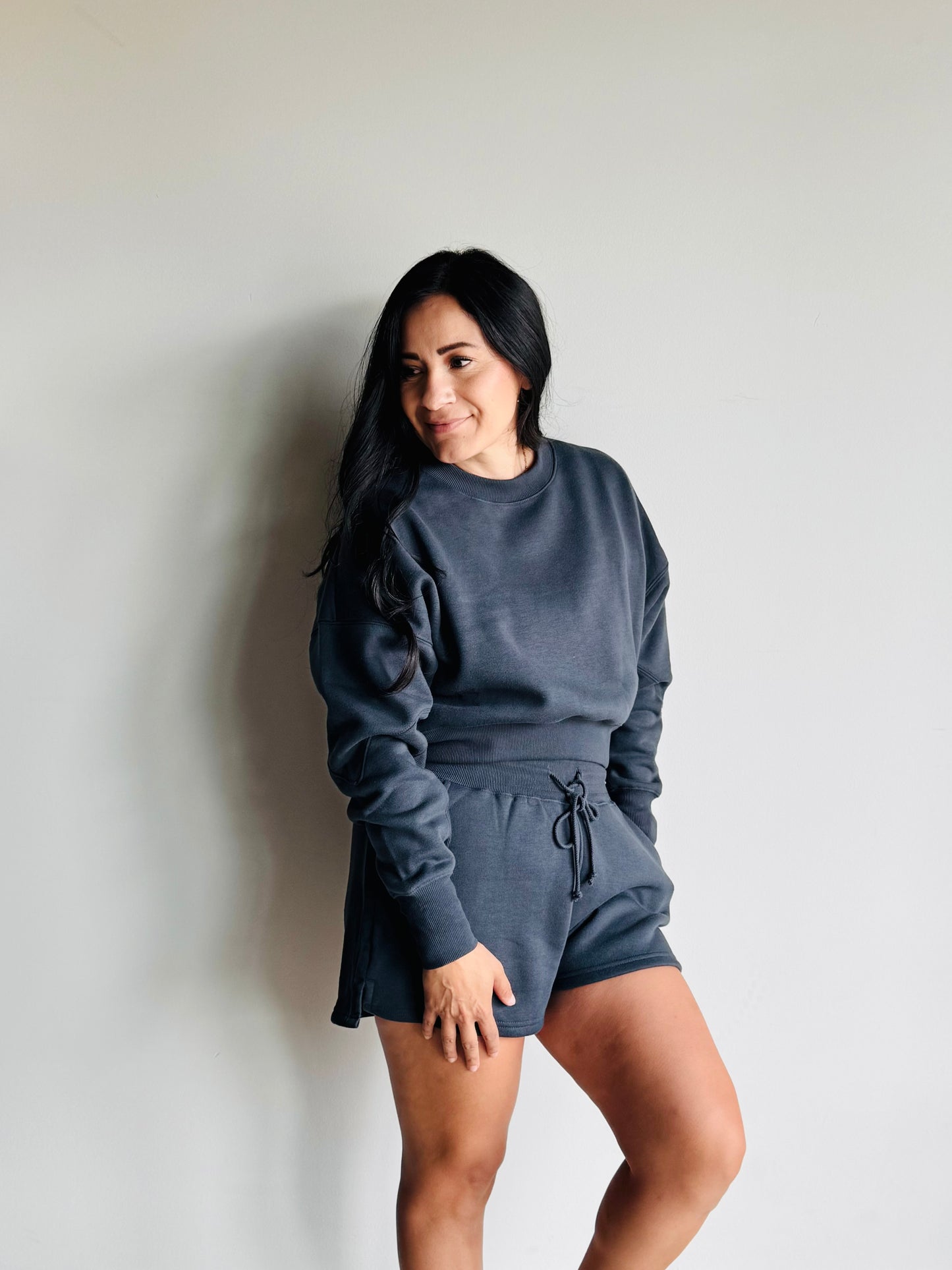 Front view of Cameron athleisure shorts charcoal by 27 West relaxed fit