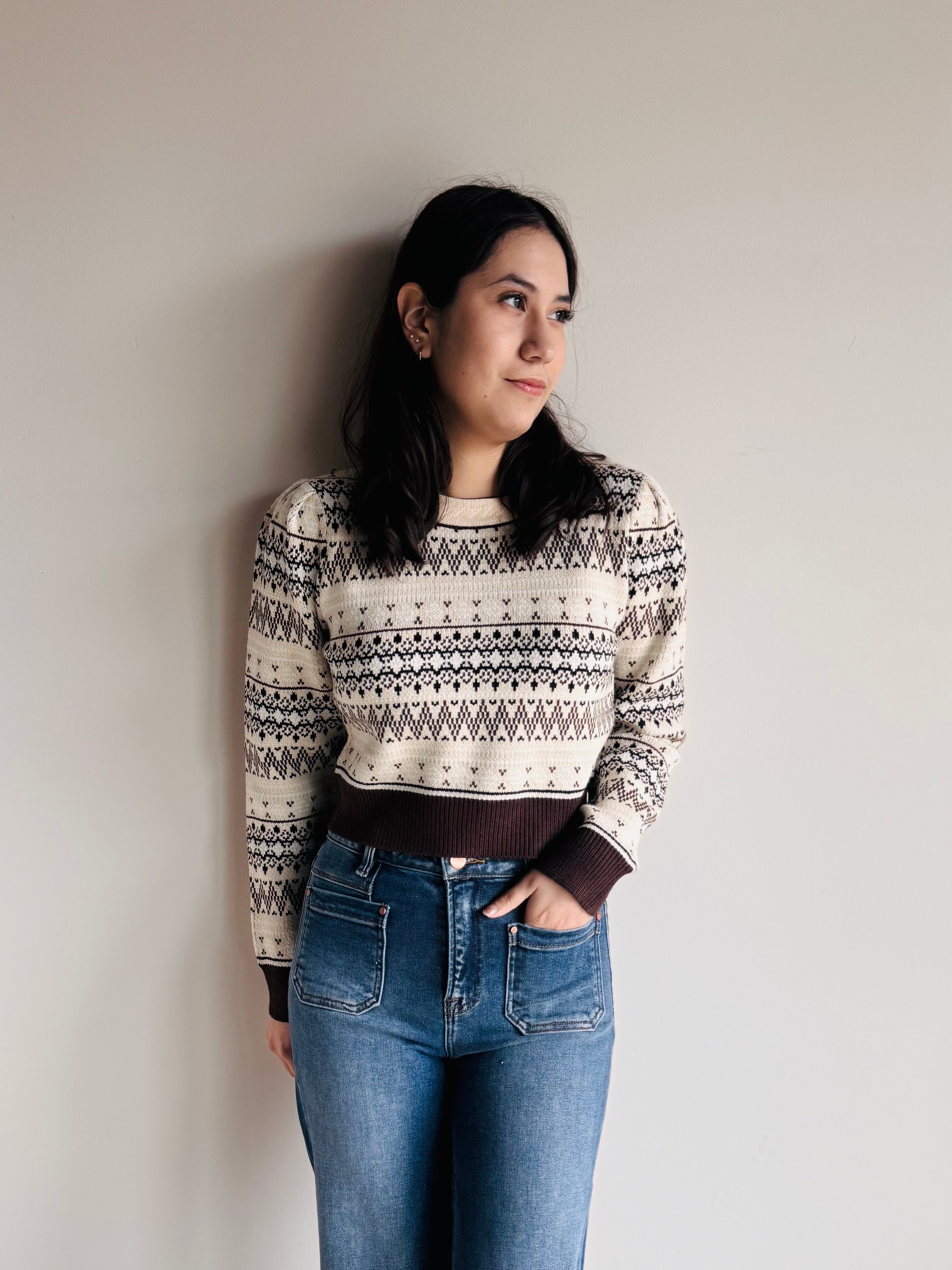 Celine Fair Isle Cropped Sweater – Puff Shoulder Knit Style – 27 West