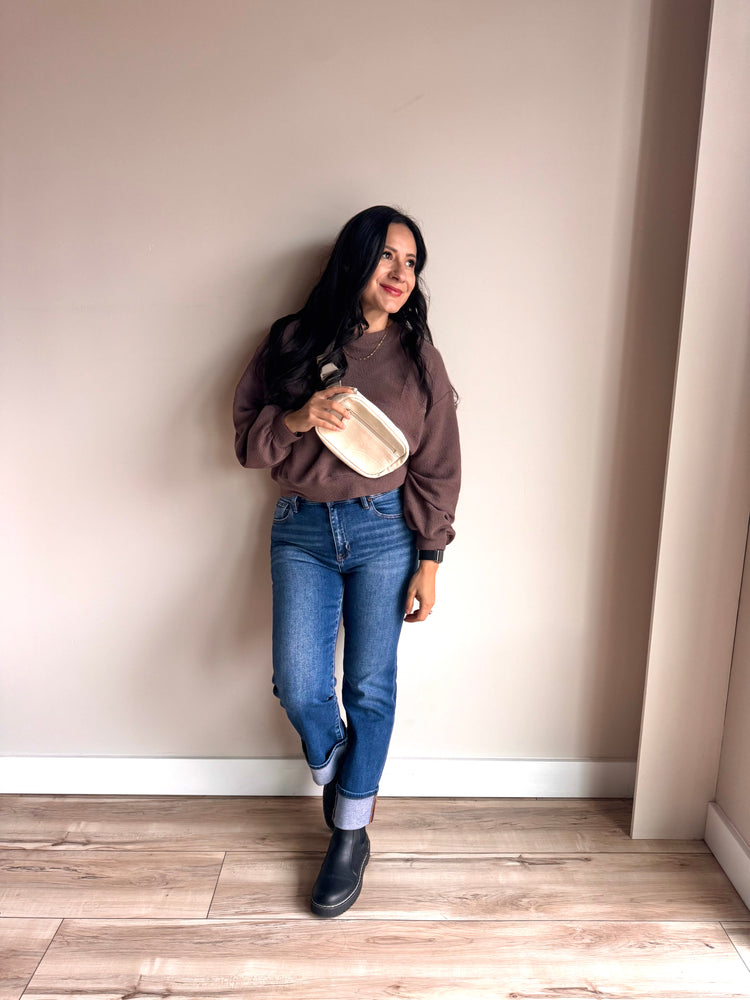 Front view of Chrissy mocha knit top with crew neckline and relaxed drop shoulder fit