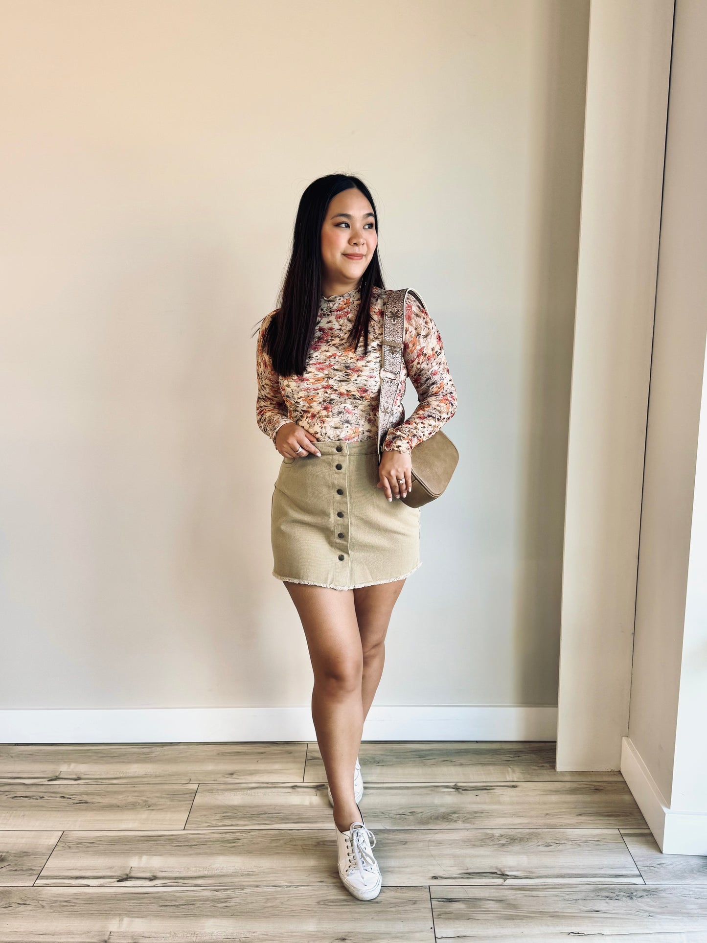 Destiny button down skirt in taupe – front view showing button closure