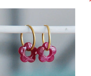 
            
                Load image into Gallery viewer, Hoop Earring with Dangling Flower- Fuchsia
            
        