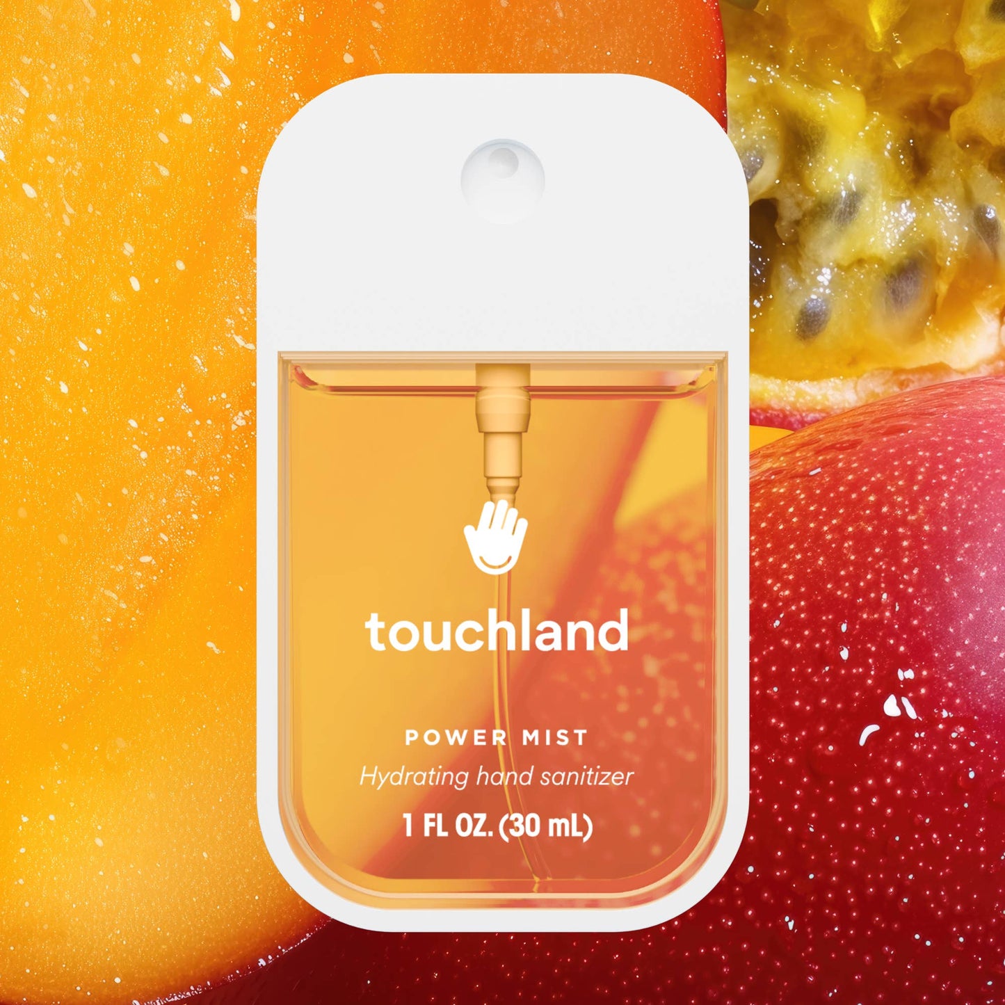 Front view of Mango Passion hydrating hand sanitizer bottle with tropical-inspired design
