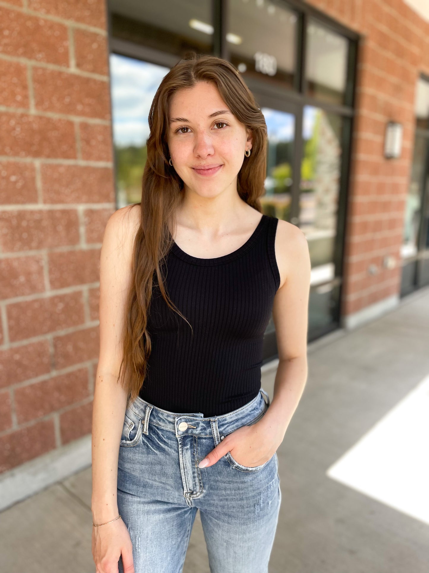 Gina Ribbed Scoop Tank - Black - 27 West