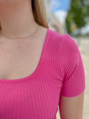 Shayla Ribbed Square Neck Top- Hot Pink
