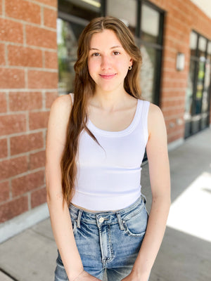 Allie Thick Band Crop Tank Top - White