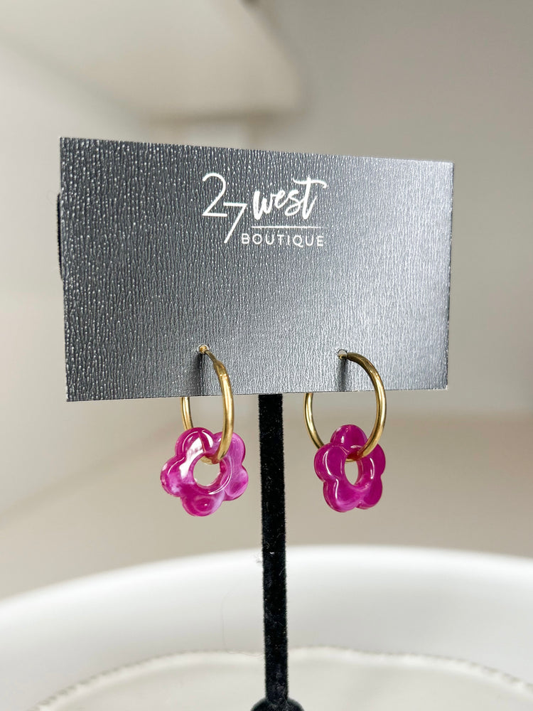 
            
                Load image into Gallery viewer, Hoop Earring with Dangling Flower- Fuchsia
            
        