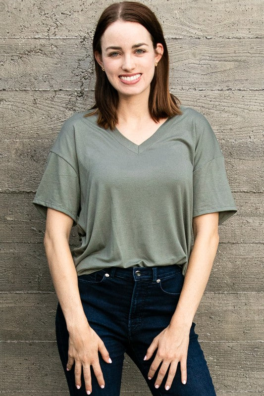 Kendra Short Sleeve V-Neck Tee- Olive