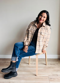 Front view of Lainey plaid shacket with collared neck and button placket