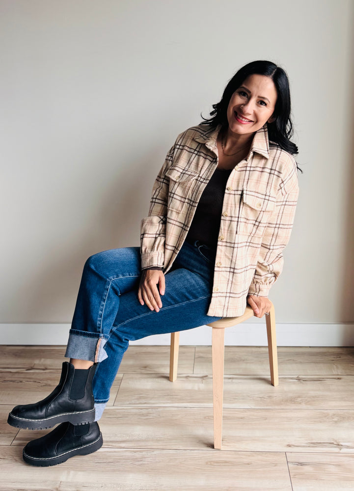 Front view of Lainey plaid shacket with collared neck and button placket