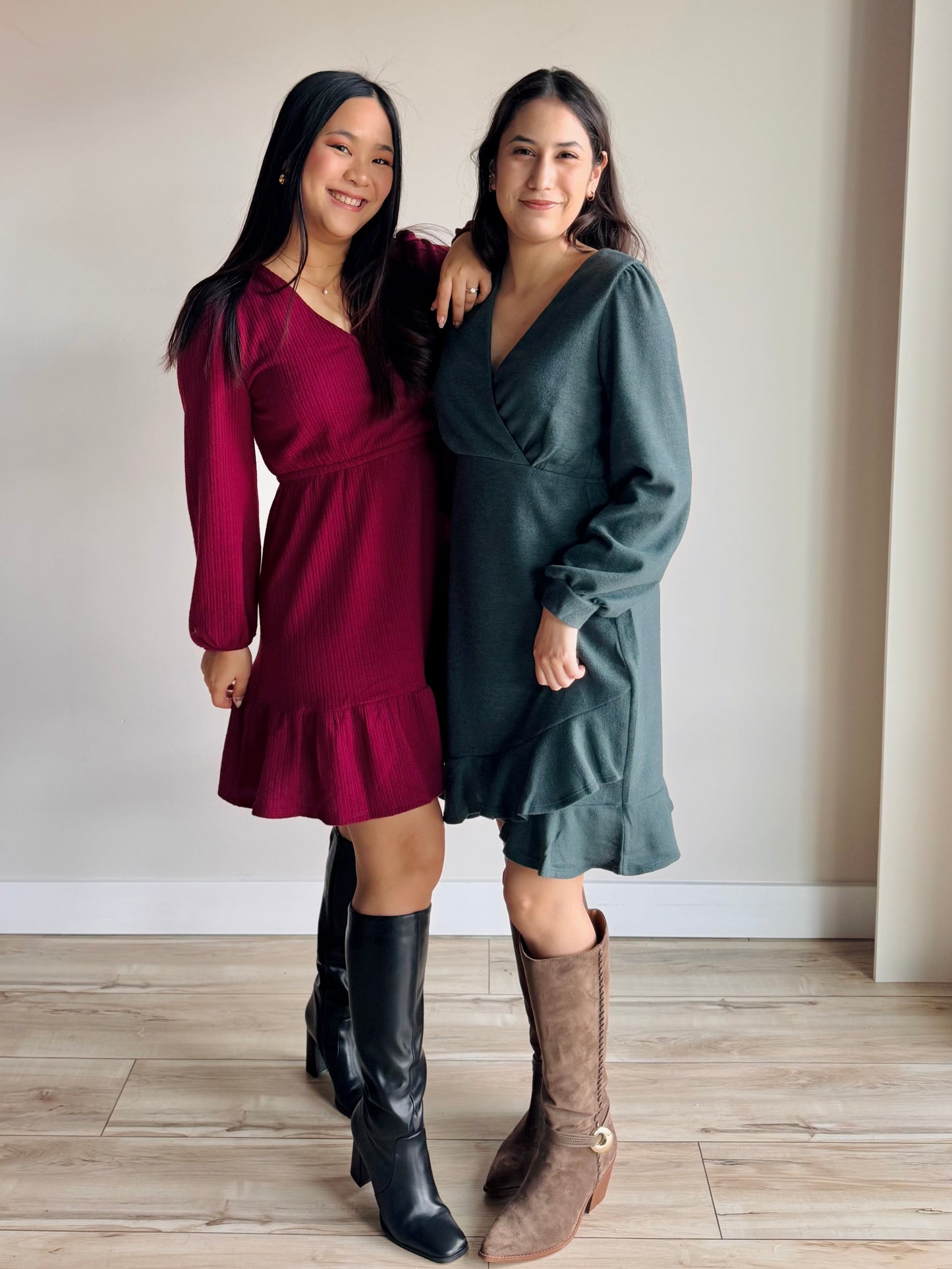 Front view of Lively surplice self tie waist dress with abstract print and long sleeves