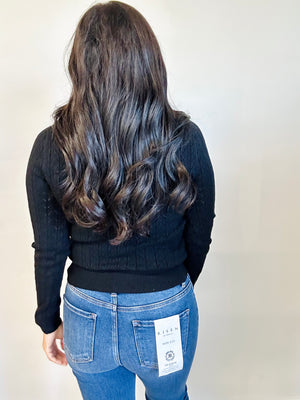 Back view of Lottie Scallop Trim V-Neck Top in Black, highlighting clean lines
