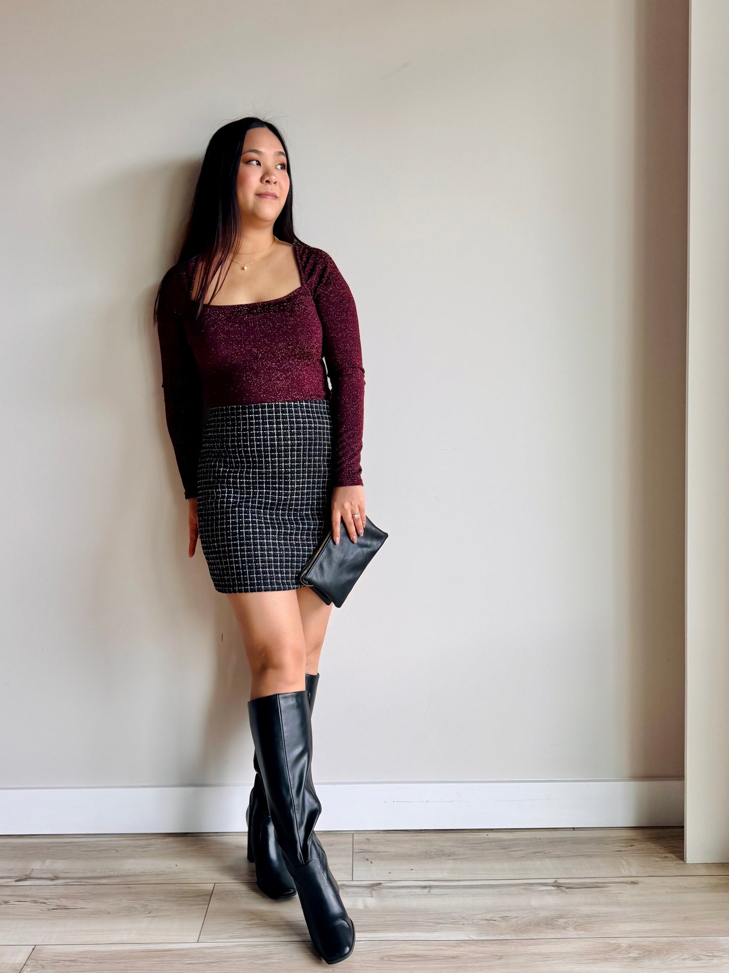 Front view of Maggie deep neckline shimmer top in metallic shimmer fabric