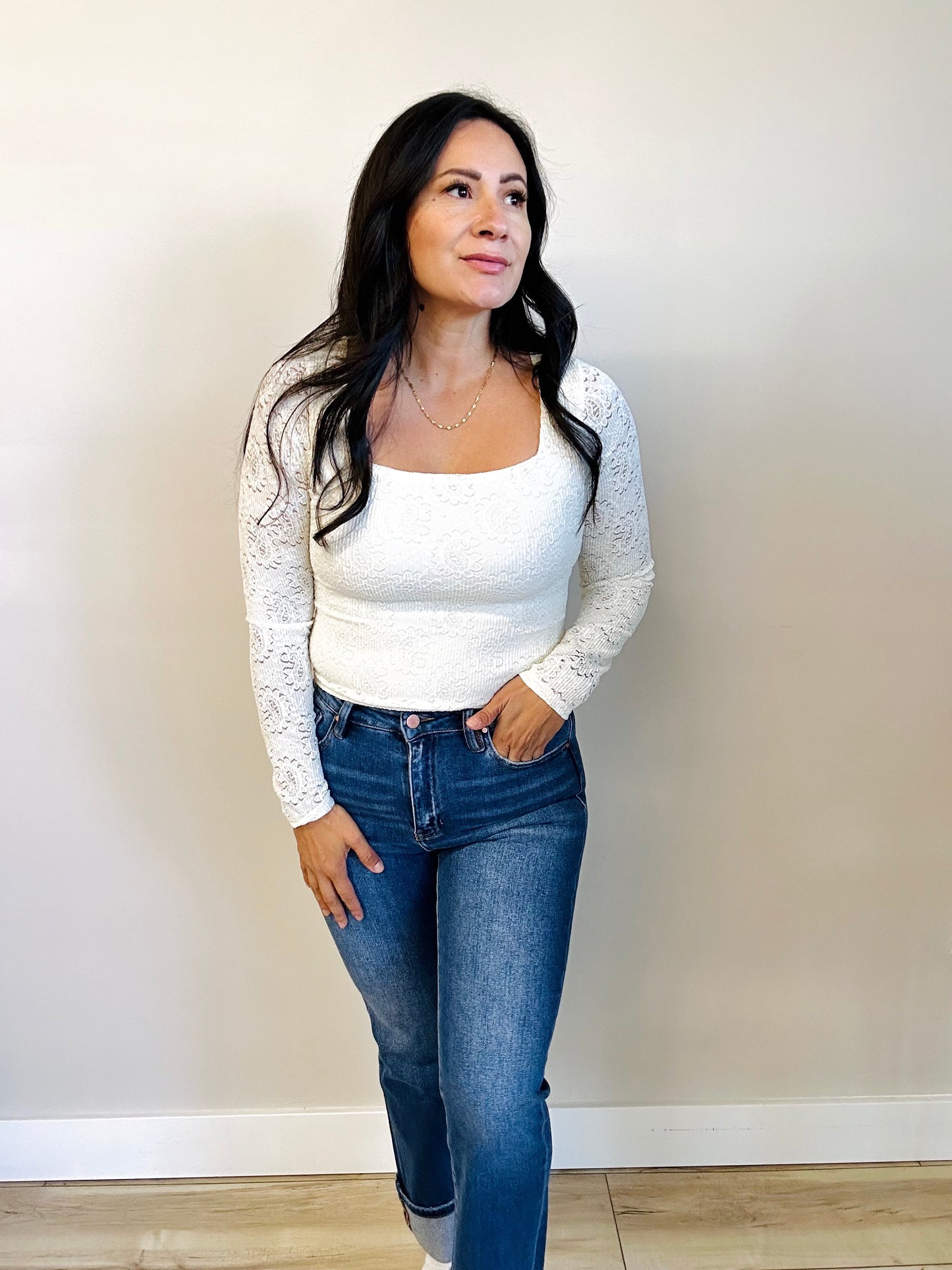 Mara embroidered lace top in ivory — front view showcasing square neckline and lace details