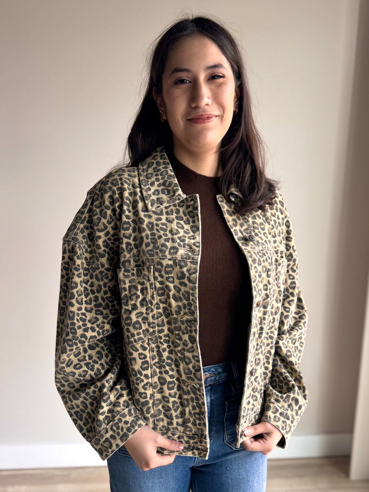Front view of Marlow denim jacket with bold animal print and button-up closure