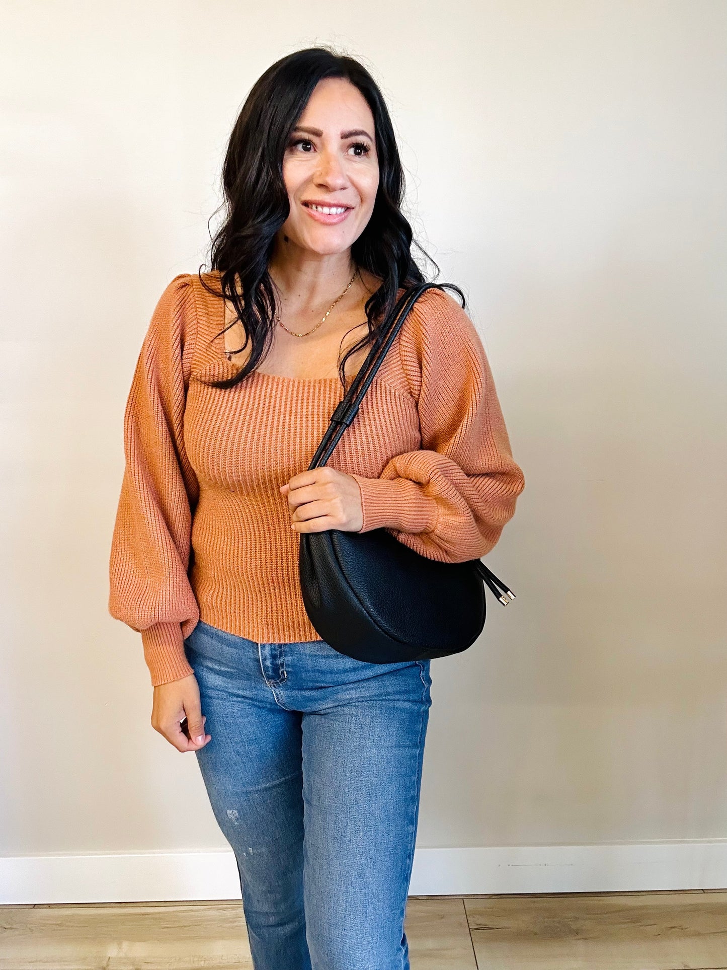 Olivia tie back balloon sleeve sweater in soft knit — front view