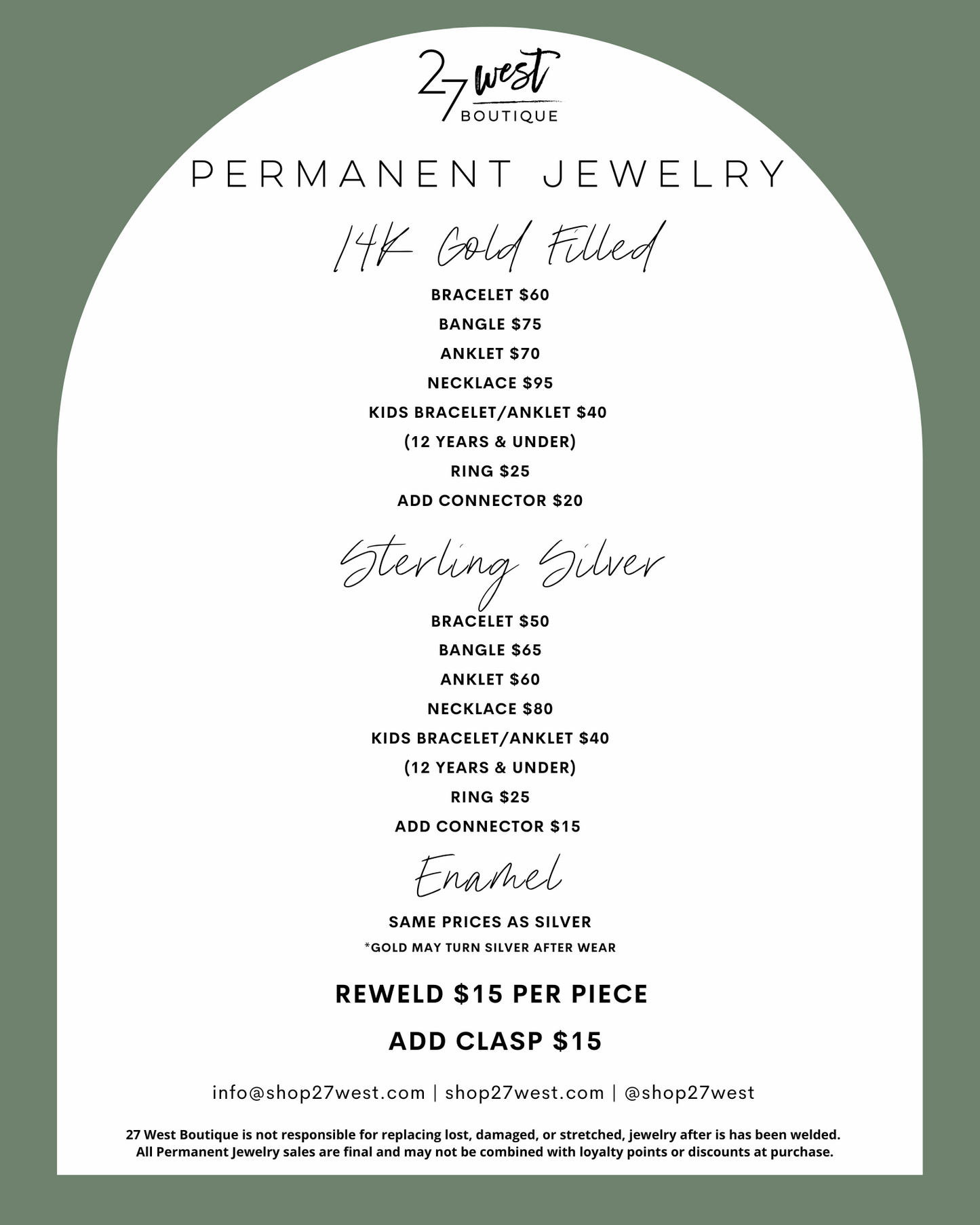 Pricing guide for permanent jewelry at 27 West – bracelets start at $50