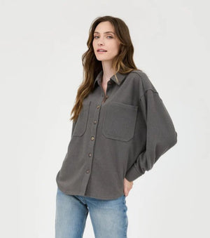 Scarlett Rib Knit Button Up Top - Charcoal