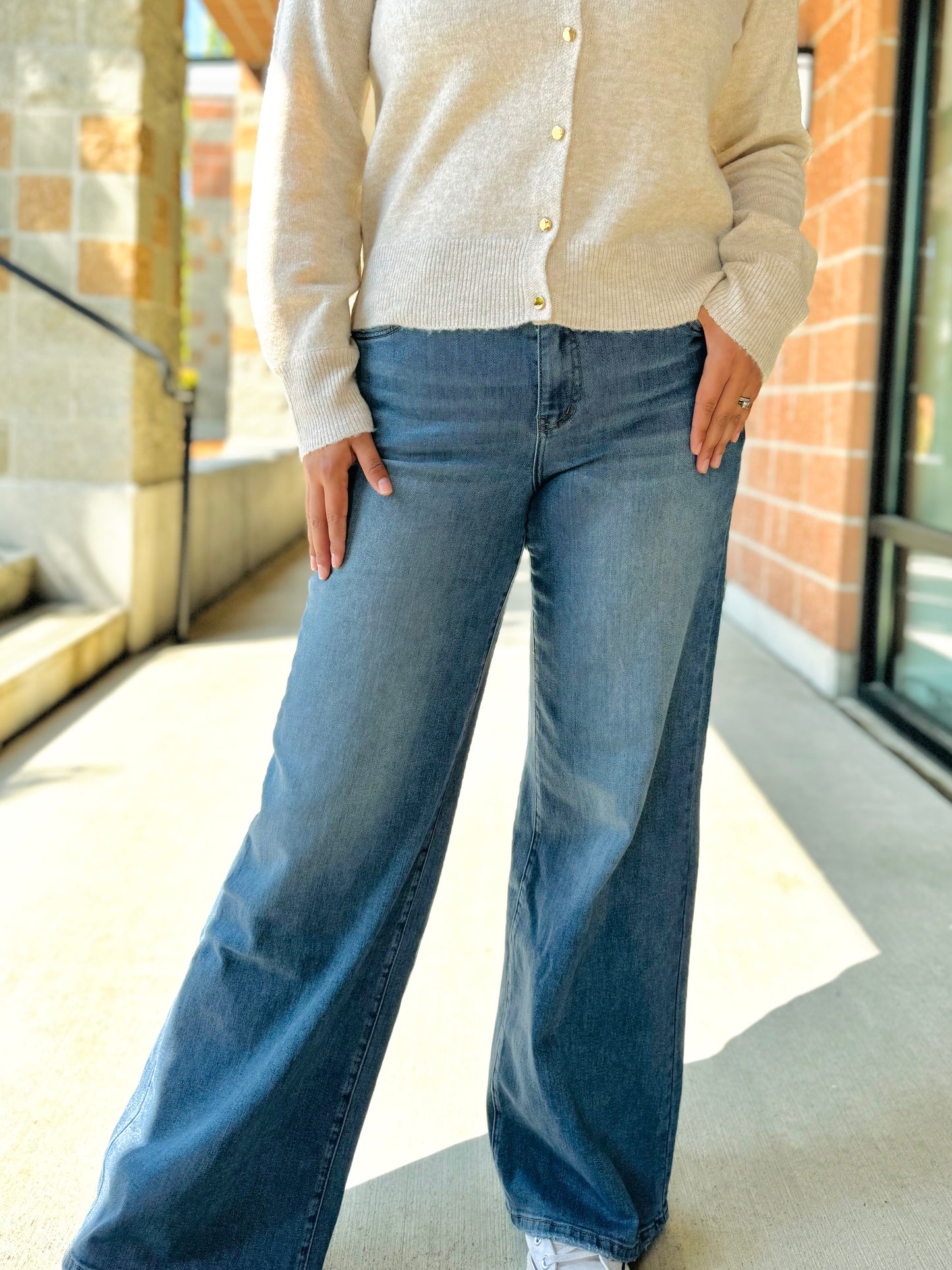 Front view of Shay High Rise Wide Leg Denim in light wash, showcasing wide-leg fit.