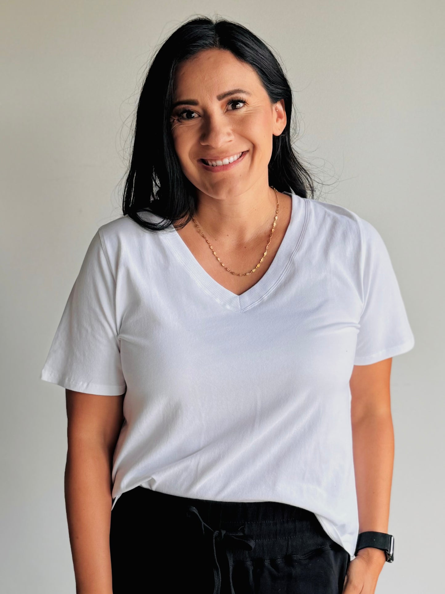 White basic V-neck tee on hanger simple style staple