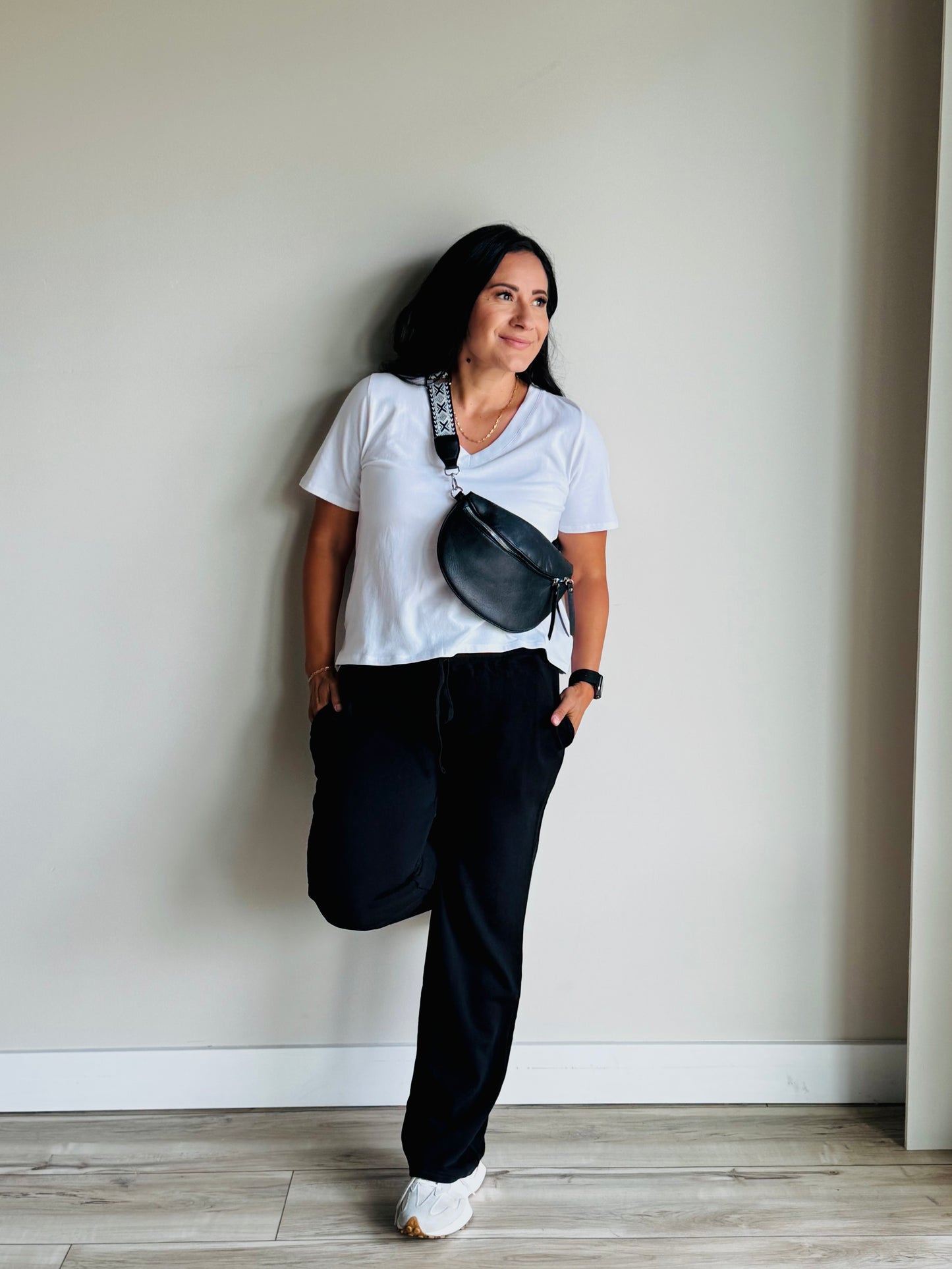 White Silas basic V-neck shirt front view relaxed fit