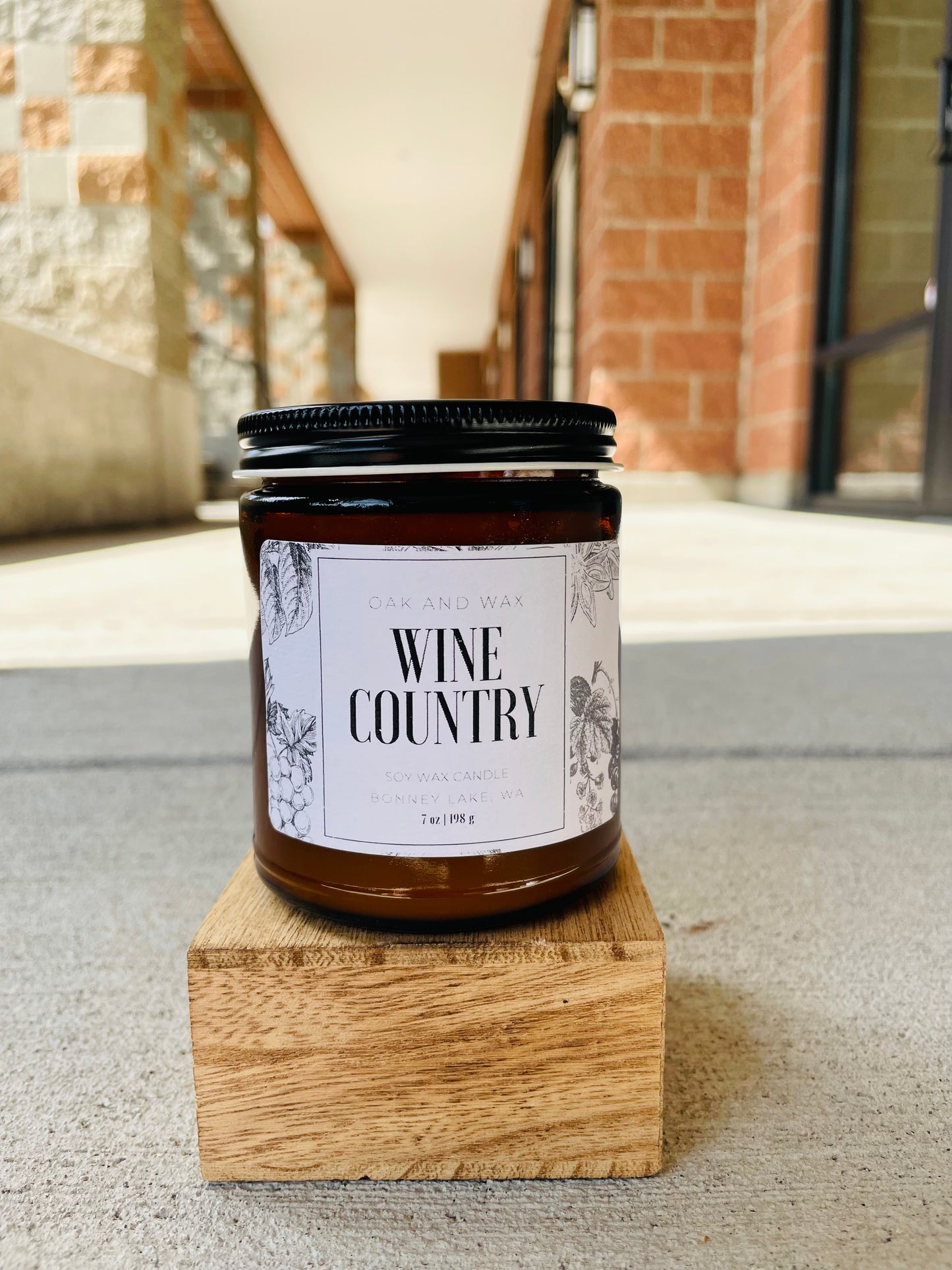 7 oz wine country soy candle in amber glass, featuring Tempranillo & oak aroma